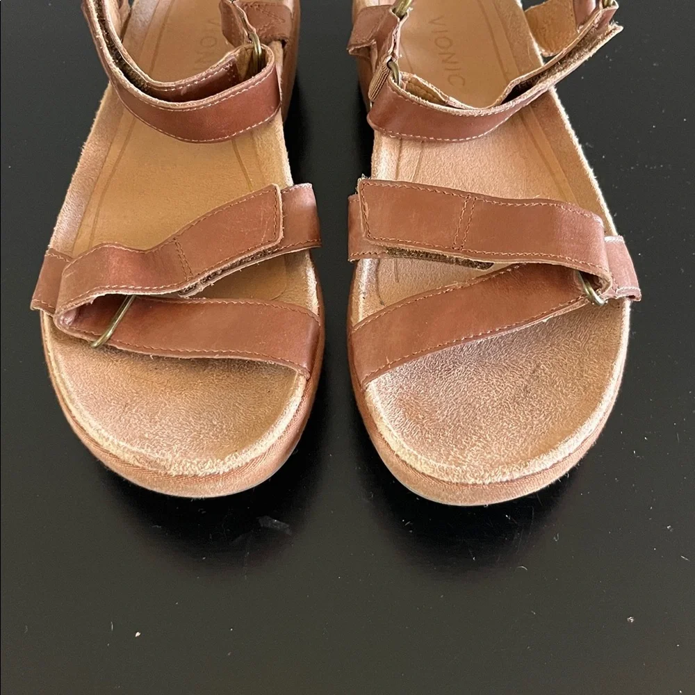Vionic Kayan Leather Wedge Brown Leather Adjustable Strap Sandals